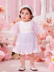 Baby Girl Contrast Lace Mesh Overlay Dress - Purple - View 5