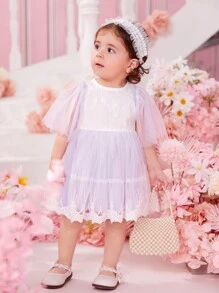 Baby Girl Contrast Lace Mesh Overlay Dress - Purple - View 6