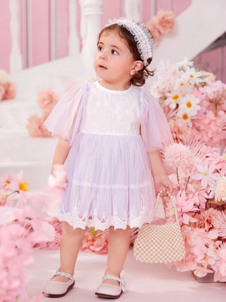 Baby Girl Contrast Lace Mesh Overlay Dress