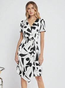 BizChic Allover Print Asymmetrical Hem Dress Workwear - Black and White - View 2