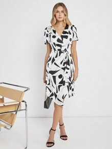BizChic Allover Print Asymmetrical Hem Dress Workwear - Black and White - View 4