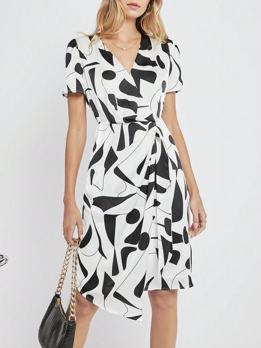 BizChic Allover Print Asymmetrical Hem Dress Workwear - Black and White - View 1