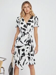 BizChic Allover Print Asymmetrical Hem Dress Workwear - Black and White - View 5