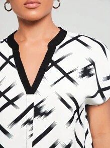 BizChic 圖案印花缺口領蝙蝠袖襯衫工作服 - 黑與白 - 查看 3