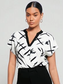BizChic 圖案印花缺口領蝙蝠袖襯衫工作服 - 黑與白 - 查看 4