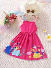 SHEIN 小女童彩虹&雲朵圖案吊帶連衣裙 - 玫紅色 - 查看 1