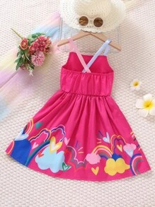 SHEIN 小女童彩虹&雲朵圖案吊帶連衣裙 - 玫紅色 - 查看 2