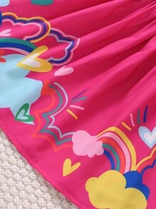 SHEIN 小女童彩虹&雲朵圖案吊帶連衣裙 - 玫紅色 - 查看 3