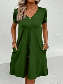 SHEIN LUNE 素色前紐扣T恤連衣裙 - 綠色 - 查看 1