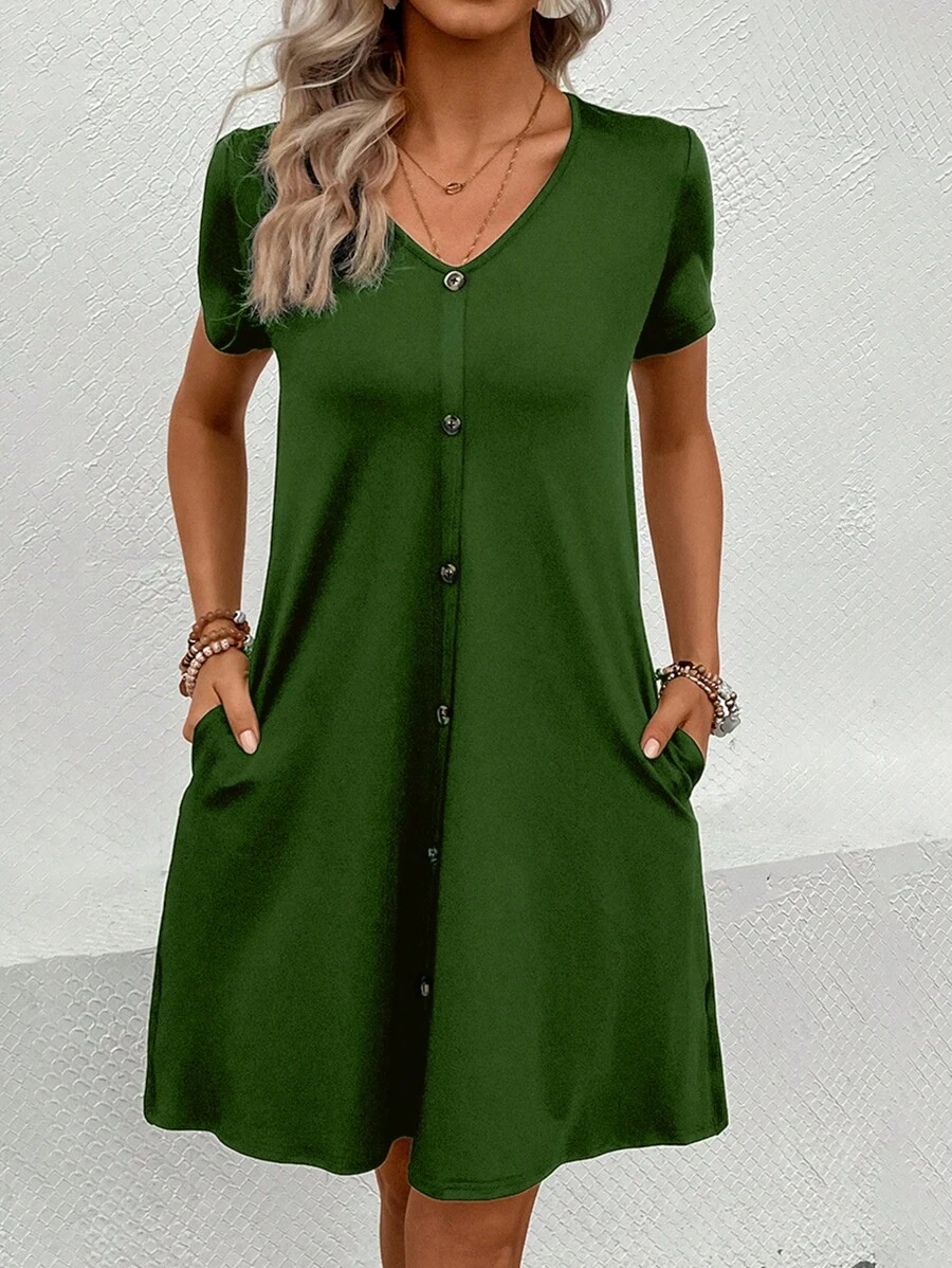 SHEIN LUNE 素色前紐扣T恤連衣裙 - 綠色 - 查看 1