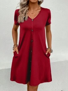 SHEIN LUNE Solid Button Front Slant Pocket Tee Dress - Burgundy - View 1