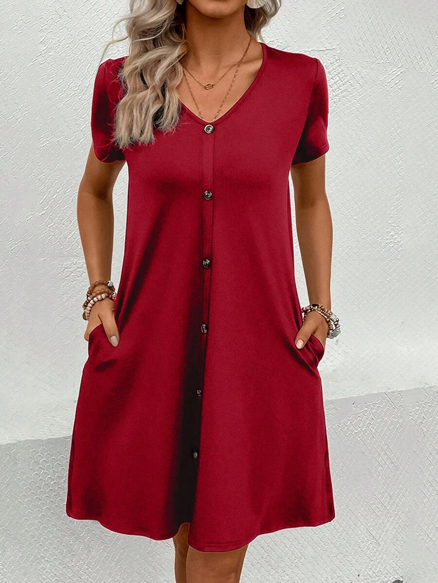 SHEIN LUNE Solid Button Front Slant Pocket Tee Dress - Burgundy - View 1