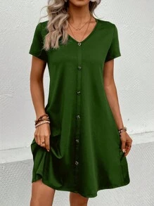 SHEIN LUNE 素色前紐扣T恤連衣裙 - 綠色 - 查看 4