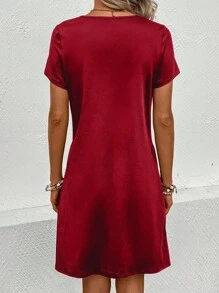 SHEIN LUNE Solid Button Front Slant Pocket Tee Dress - Burgundy - View 2