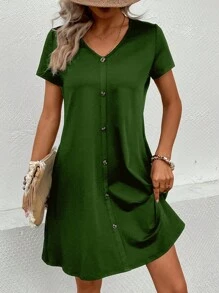 SHEIN LUNE 素色前紐扣T恤連衣裙 - 綠色 - 查看 5
