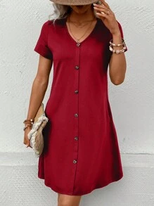 SHEIN LUNE Solid Button Front Slant Pocket Tee Dress - Burgundy - View 3