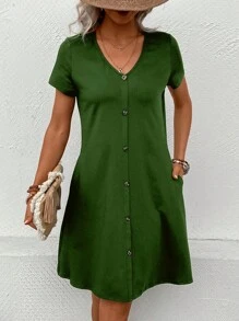 SHEIN LUNE 素色前紐扣T恤連衣裙 - 綠色 - 查看 6