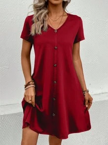 SHEIN LUNE Solid Button Front Slant Pocket Tee Dress - Burgundy - View 4
