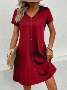 SHEIN LUNE Solid Button Front Slant Pocket Tee Dress - Burgundy - View 5