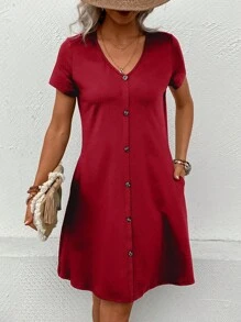 SHEIN LUNE Solid Button Front Slant Pocket Tee Dress - Burgundy - View 6
