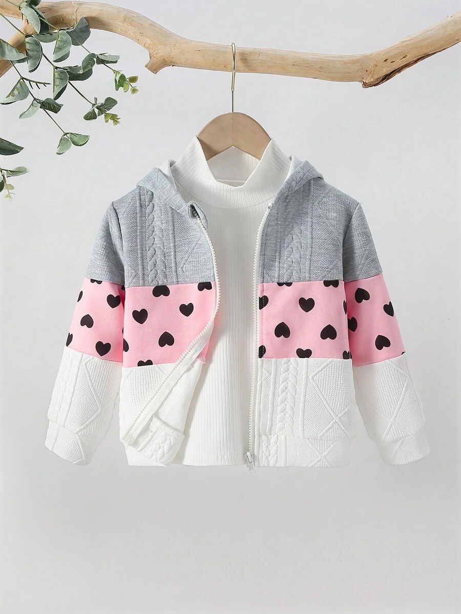 SHEIN 年輕女孩1入組心形拼布拉鍊衛衣,適用於秋冬季節 - 灰色 - 查看 1