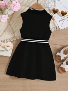 SHEIN Young Girl Striped Sleeveless Casual Dress With Lapel, Buttoned Front, Ribbed Waist And Bow Decor, Simple & Comfortable Summer Outfit - Black - View 2