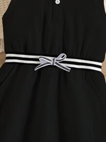 SHEIN Young Girl Striped Sleeveless Casual Dress With Lapel, Buttoned Front, Ribbed Waist And Bow Decor, Simple & Comfortable Summer Outfit - Black - View 6