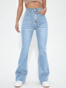 SHEIN EZwear High Waist Flare Leg Jeans - Light Wash - View 3