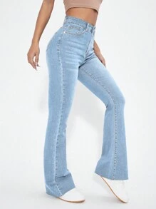 SHEIN EZwear High Waist Flare Leg Jeans - Light Wash - View 5