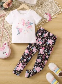 SHEIN 女小童獨角獸和印花T恤和緊身褲 - 黑與白 - 查看 1