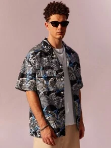 Manfinity Chillmode 男士波浪印花西裝領襯衫 - 彩色 - 查看 5