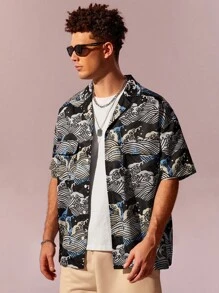 Manfinity Chillmode 男士波浪印花西裝領襯衫 - 彩色 - 查看 3