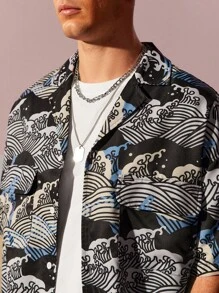 Manfinity Chillmode 男士波浪印花西裝領襯衫 - 彩色 - 查看 6