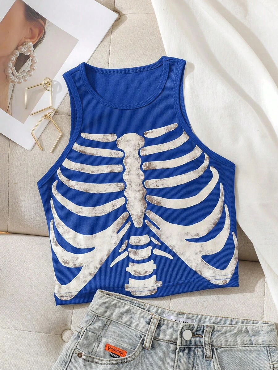 INAWLY 骷髅圖案背心上衣 - 藍色 - 查看 1