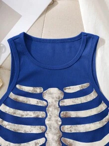 INAWLY 骷髅圖案背心上衣 - 藍色 - 查看 5