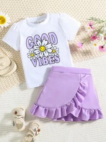 SHEIN 年輕女孩花卉和字母圖形t恤和荷葉邊裙子 - 彩色 - 查看 1