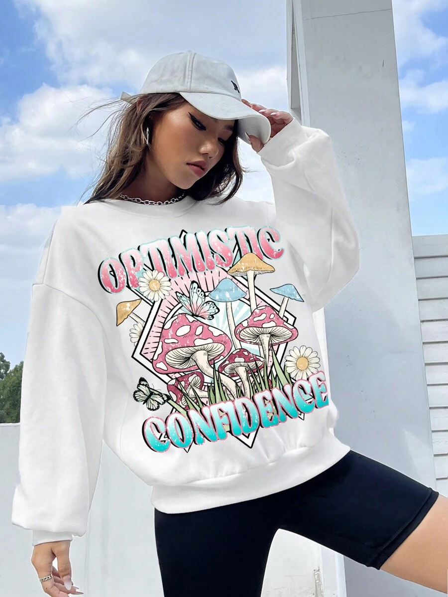 SHEIN Qutie 字母和卡通圖案落肩袖超大衛衣 - 白色 - 查看 1