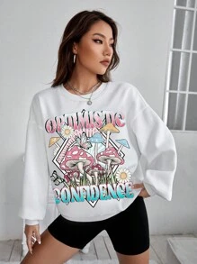 SHEIN Qutie 字母和卡通圖案落肩袖超大衛衣 - 白色 - 查看 9