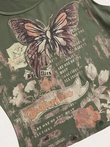 ROMWE Fairycore 蝴蝶和標語圖案T恤 - 軍綠色 - 查看 4