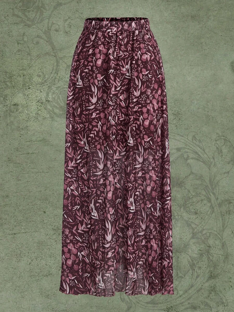 Anis Illustration 植物圖案半身裙 - 酒紅色 - 查看 1