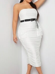 SHEIN SXY 大碼側口袋褶邊腰帶抹胸緊身連衣裙 - 白色 - 查看 2