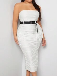 SHEIN SXY 大碼側口袋褶邊腰帶抹胸緊身連衣裙 - 白色 - 查看 1