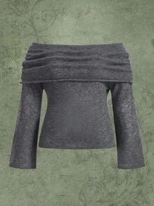 ROMWE Fairycore Plus Off Shoulder Ruched Sweater - Grey - View 1
