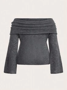 ROMWE Fairycore Plus Off Shoulder Ruched Sweater - Grey - View 2