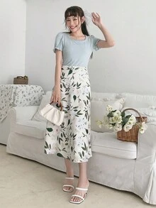 DAZY Camiseta unicolor con encaje en contraste de manga farol - Celeste - Ver 11