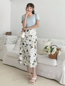 DAZY Camiseta unicolor con encaje en contraste de manga farol - Celeste - Ver 13