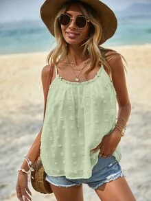 SHEIN LUNE Áo khoác và áo lót dành cho xe tăng nữ viền lá sen màu trơn Giải trí - màu xanh lá - Xem 3