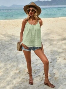 SHEIN LUNE Áo khoác và áo lót dành cho xe tăng nữ viền lá sen màu trơn Giải trí - màu xanh lá - Xem 4