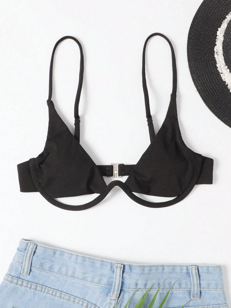 SHEIN Swim Summer Beach Solid Cut Out Bikini Top - Black - View 1