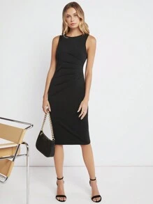 BizChic 素色褶邊緊身洋裝工作服 - 黑色 - 查看 3